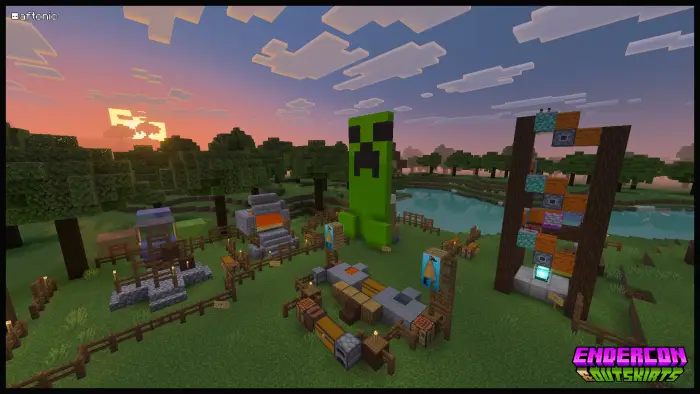 Blocky outdoor fair with Creeper statue at sunset