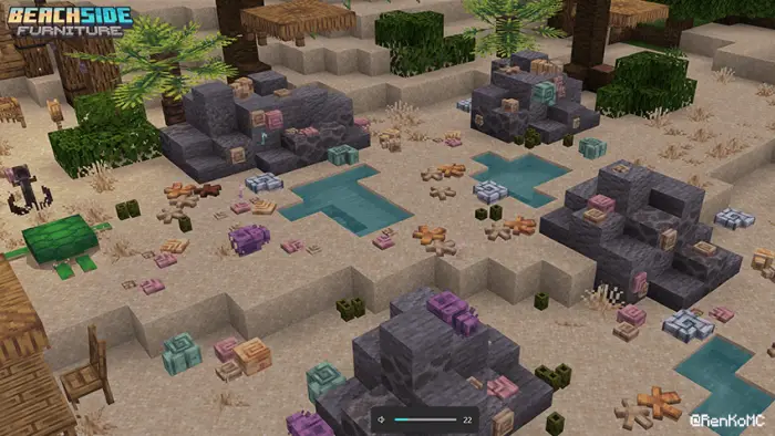 Colorful beach furniture on sandy shore