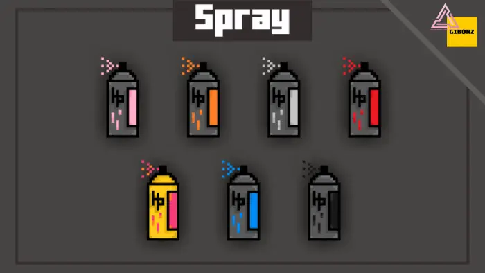 Pixel art spray cans in seven colors.