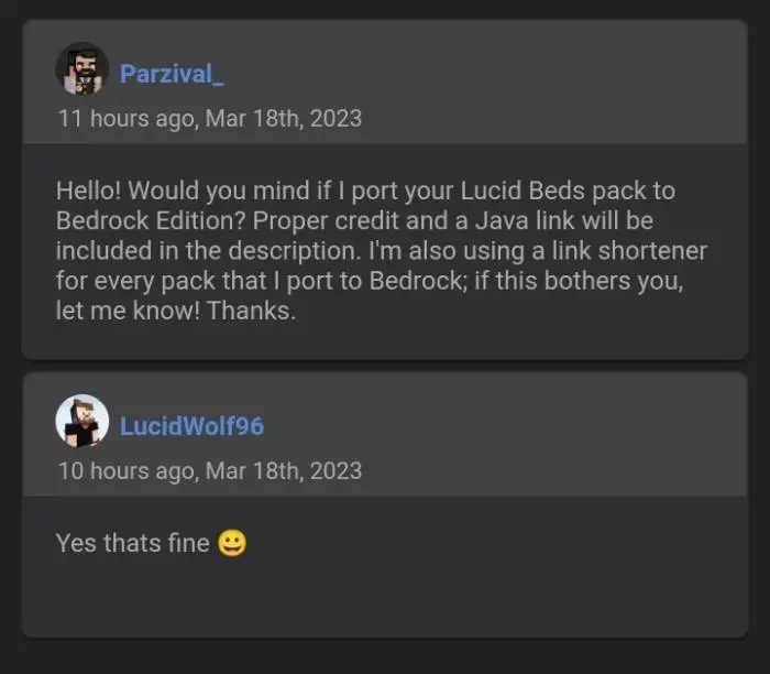 Two users discuss porting a bed texture pack.