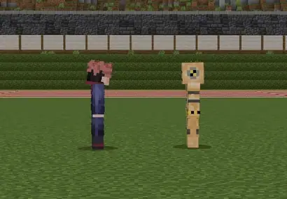 Blocky character faces a wooden training dummy.