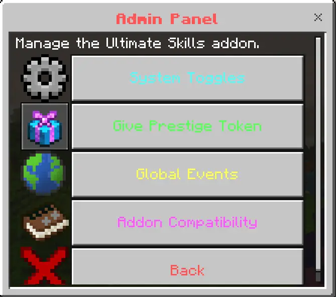 Admin panel for skills addon options