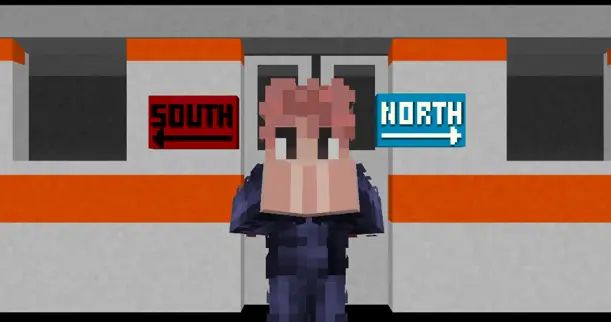 Pixel character stands by subway doors, signs