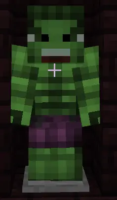 Blocky green superhero with purple shorts