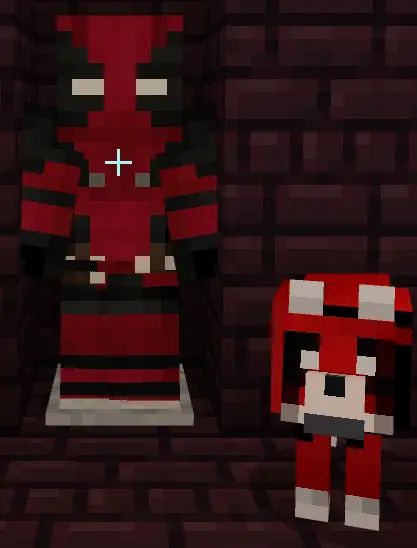 Blocky red superhero suit and matching dog