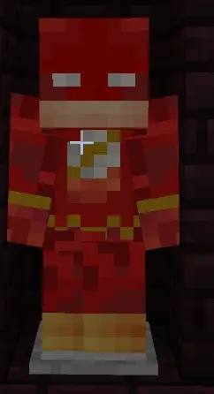 Red superhero character in pixelated suit