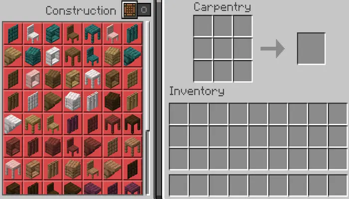 Wood furniture crafting menu and inventory