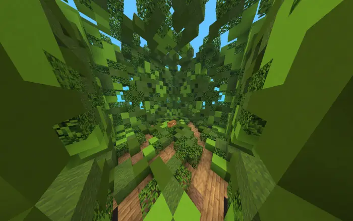 Dense green blocky tree with wood floor
