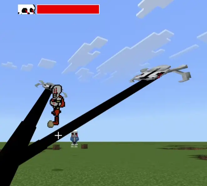 Pixel art boss and flying mobs on grassy field