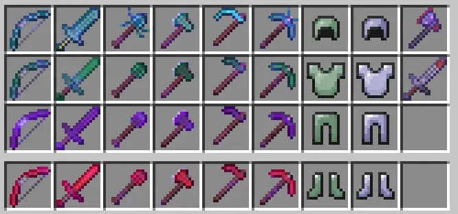 Assorted pixel gear bows, swords, armor, tools