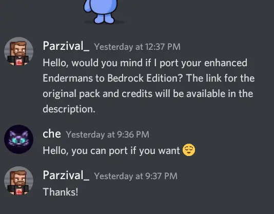 Discord chat about Enderman texture pack