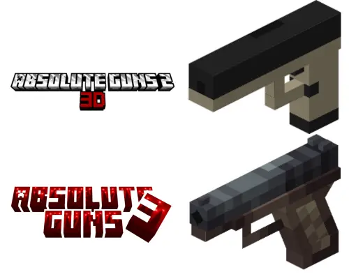 3D blocky pistols and Absolute Guns logos