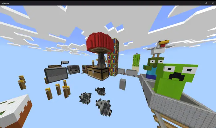 Giant blocks and mobs floating in the sky