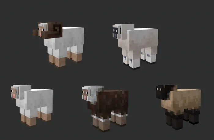 Five pixelated sheep with unique textures
