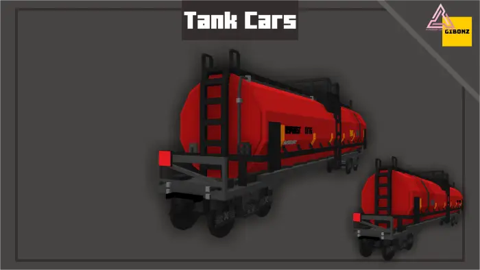 Red cargo tank cars with black frames.