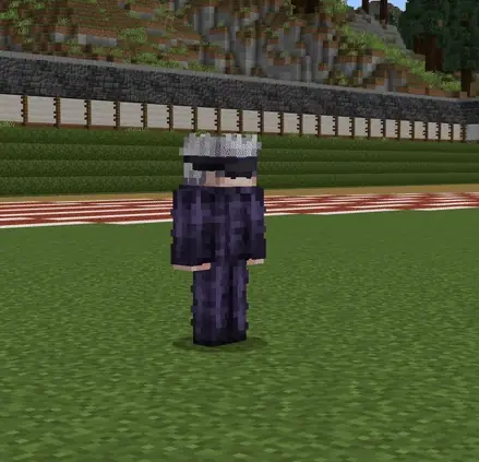 Blocky character in purple outfit on grass field