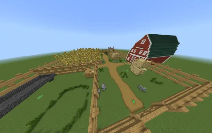 Barnyard map with wheat field and red barn