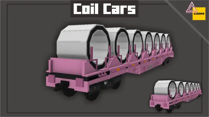 Pink coil car loaded with metal rolls