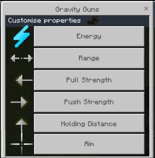 Gravity gun settings menu with sliders