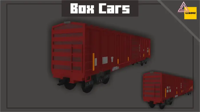 Red cargo box cars in two sizes displayed.