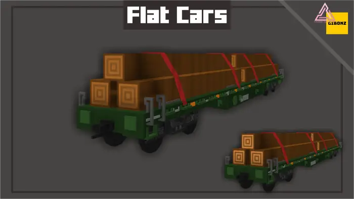 Flatbed train cars carrying wooden logs