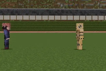 Two characters face off on a grassy field.