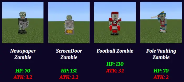 Four custom zombie mobs with stats displayed