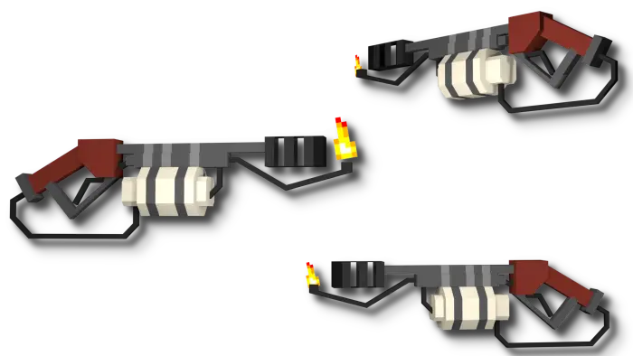 Three pixel-style 3D flamethrower models