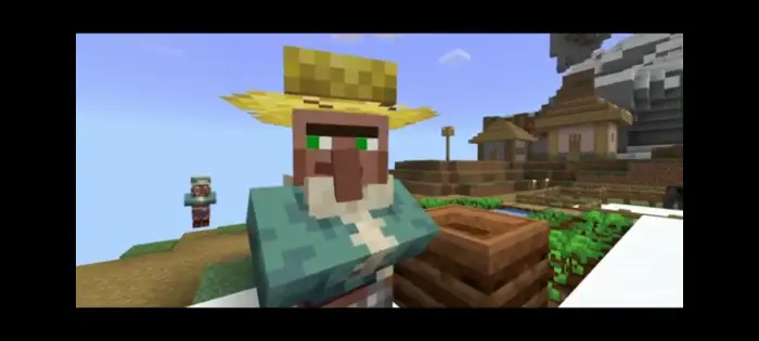 Villager with animated face near a farm
