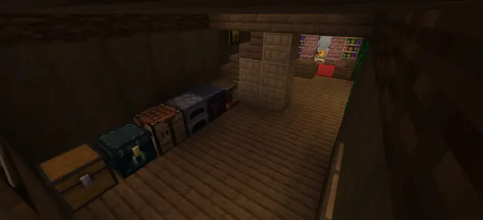 Wooden house interior with chests and furnaces