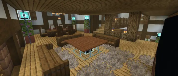 Spacious medieval mansion interior with tables