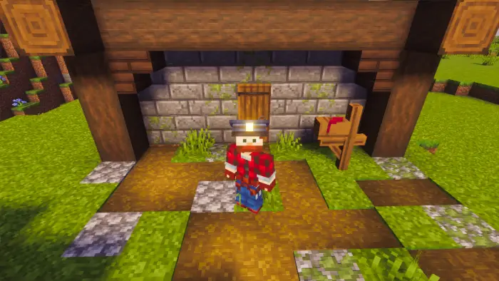 Character stands by wooden mailbox and package