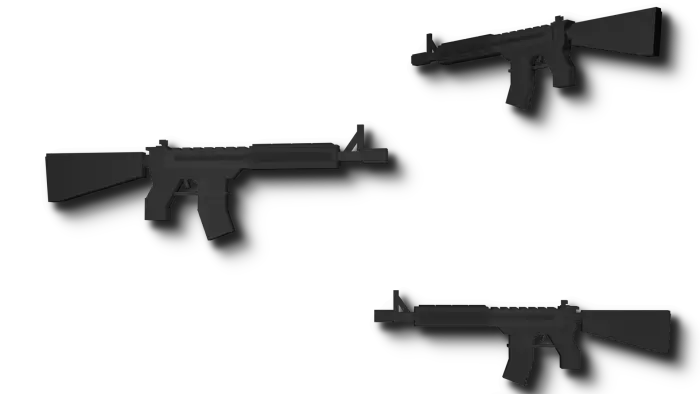 Three black 3D rifle models on dark background