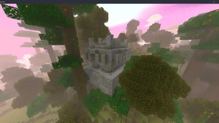 Stone temple in lush green forest, purple sky