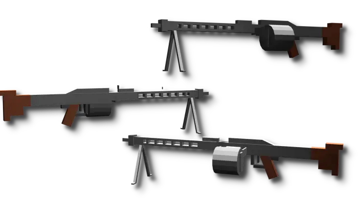 Three blocky 3D guns with bipods displayed