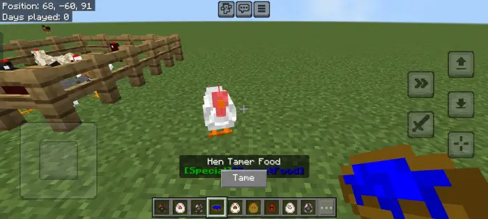 Taming a hen with special food in-game