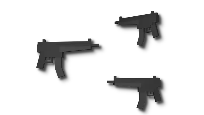 Three blocky 3D submachine guns on black