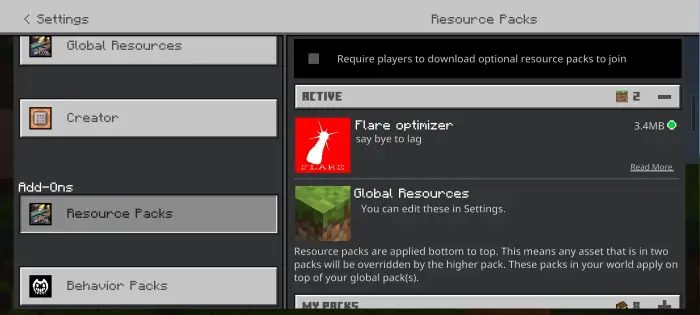 ALT Flare Optimizer pack enabled in settings