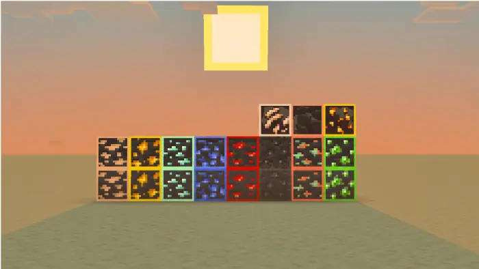 Outlined overworld and nether ores in rows