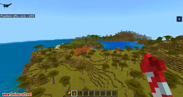 Aerial view of savanna, village, and lake