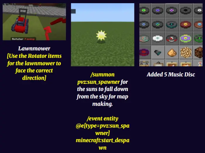 1. Lawnmower with rotator item icon 2. Sun item on grassy field 3. Five new music discs displayed