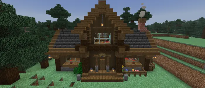 Cozy spruce house surrounded by trees