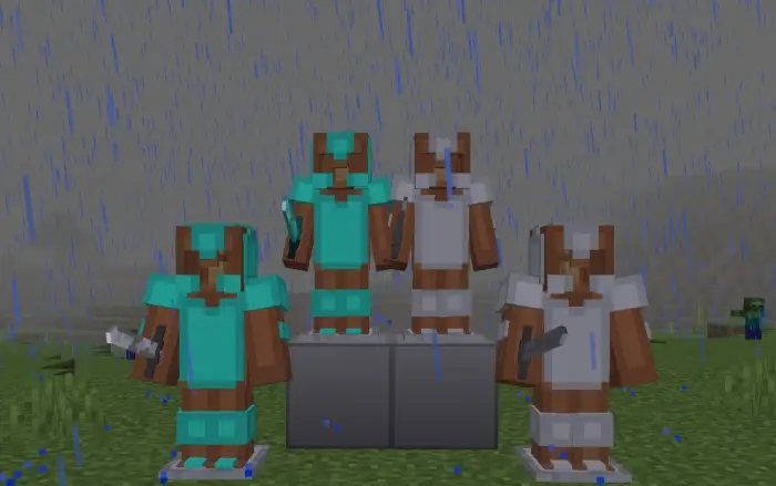 Armored figures in rain with weapons drawn