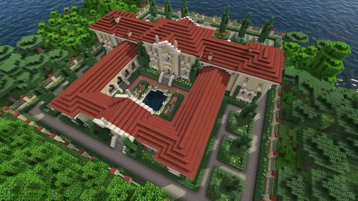 Elegant villa with red roof and courtyard