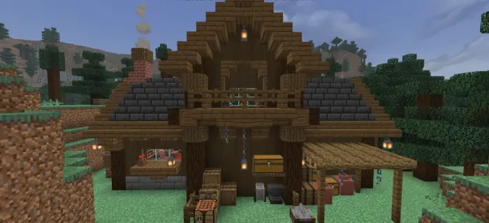 Wooden spruce house by a lakeside village