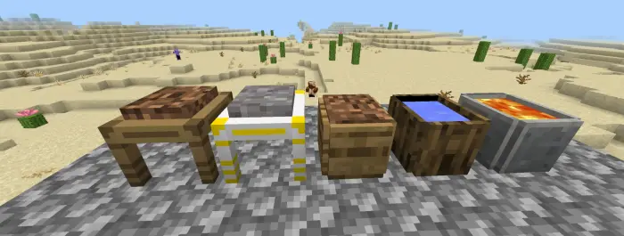 Workbenches and containers in a desert biome