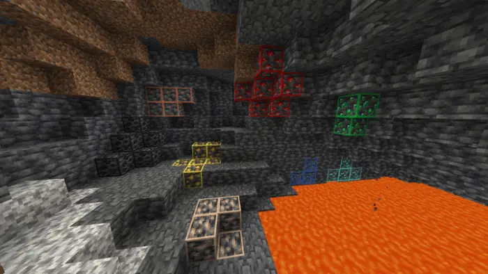 Outlined ores in a cave above lava pool