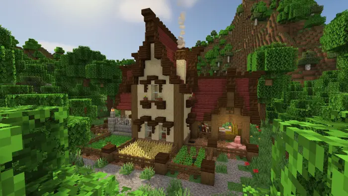 Medieval-style farmhouse with garden crops