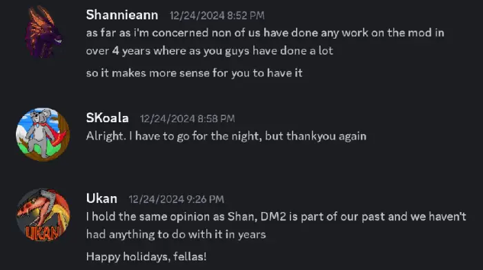 Three users discuss Dragon Mounts 2 mod.