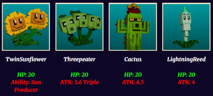 Four blocky plant characters with stats